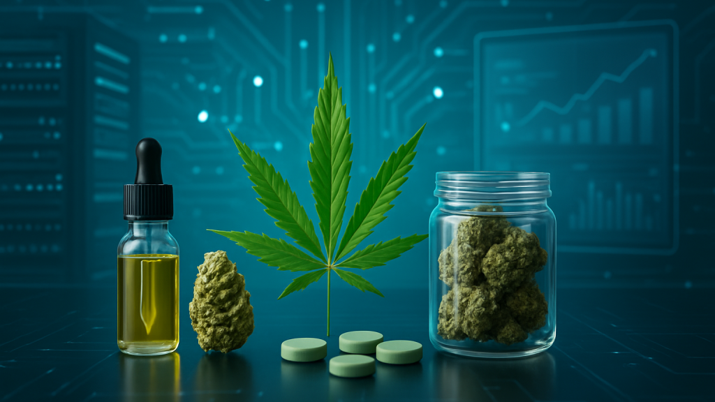 A display of cannabis products, including a dropper bottle with oil, cannabis buds, a green leaf, and tablets, set again