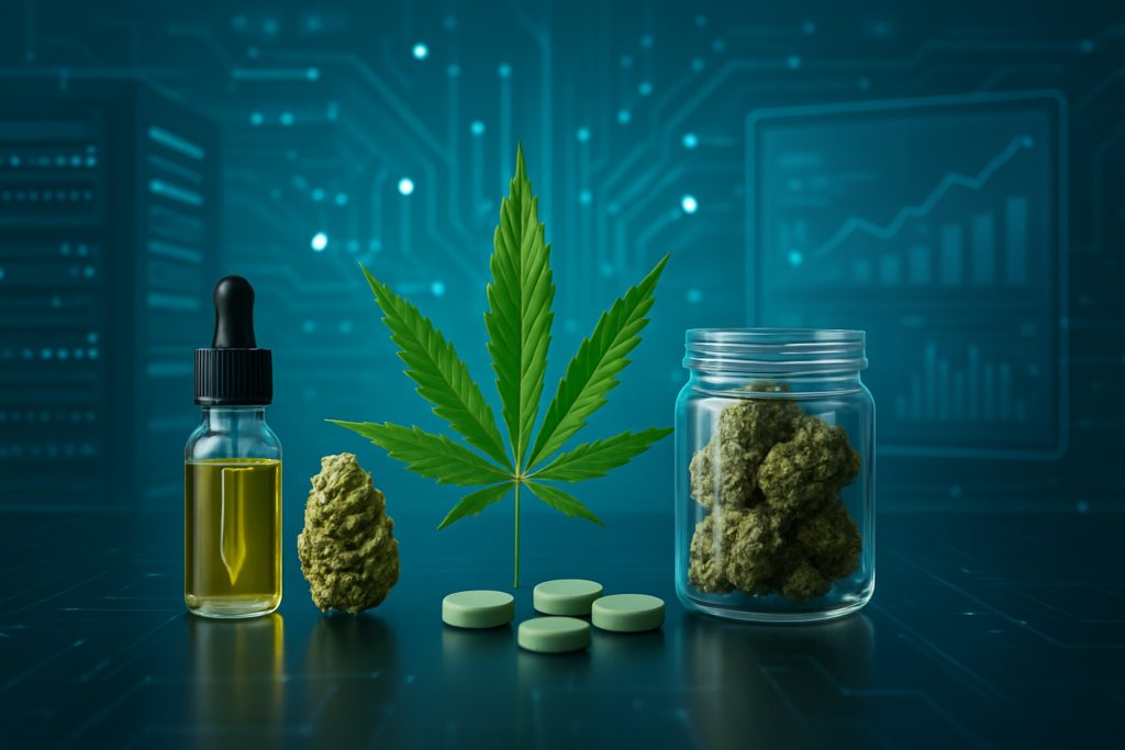 A display of cannabis products, including a dropper bottle with oil, cannabis buds, a green leaf, and tablets, set again