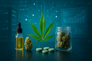 A display of cannabis products, including a dropper bottle with oil, cannabis buds, a green leaf, and tablets, set again
