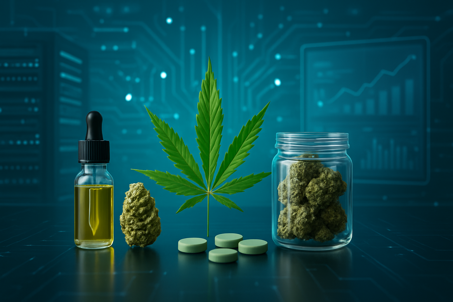 A display of cannabis products, including a dropper bottle with oil, cannabis buds, a green leaf, and tablets, set again