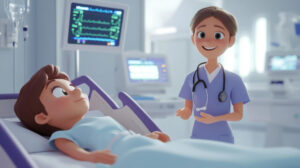 A cartoon nurse talking to a patient in a hospital room with medical equipment.