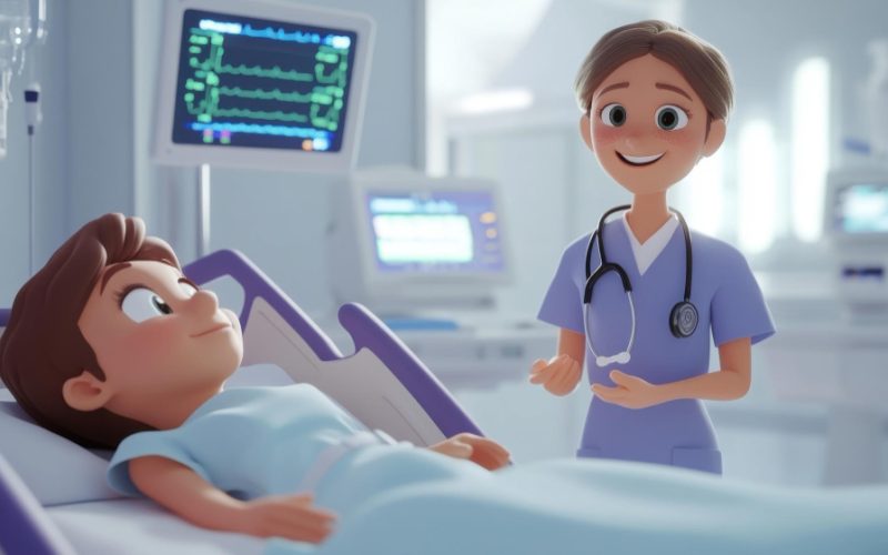 A cartoon nurse talking to a patient in a hospital room with medical equipment.