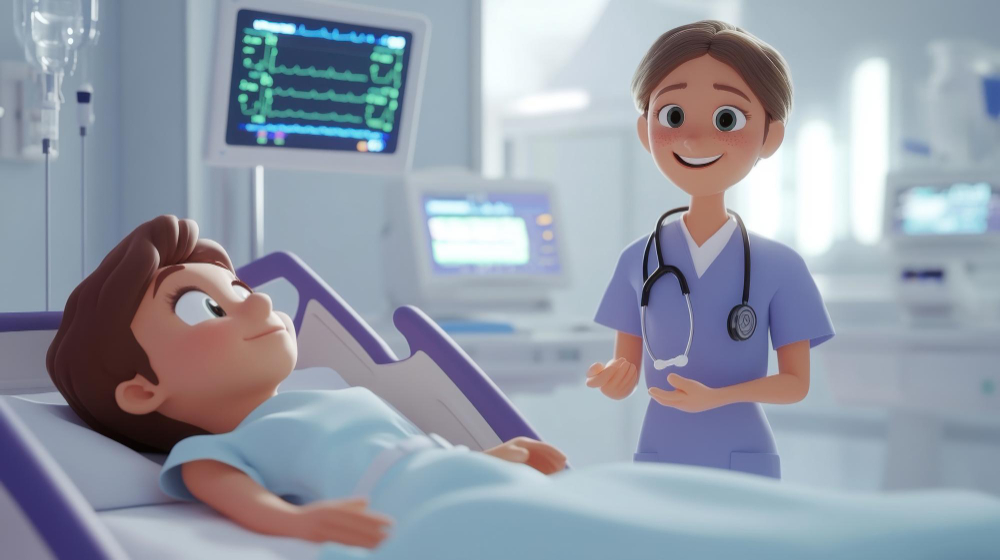 A cartoon nurse talking to a patient in a hospital room with medical equipment.