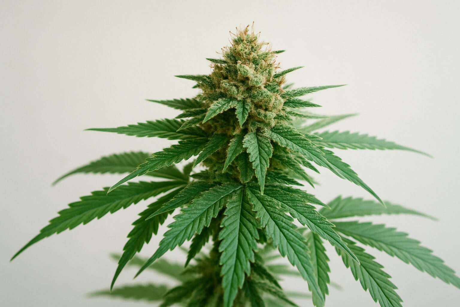 Close-up of a cannabis plant with dense buds and green leaves against a plain background