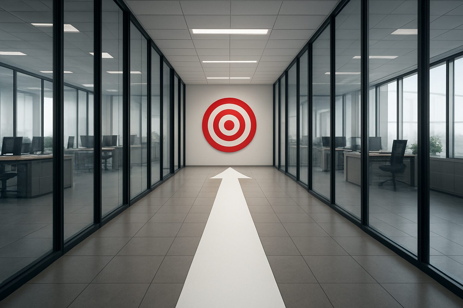 A corridor leading to a target on the wall with a directional arrow on the floor